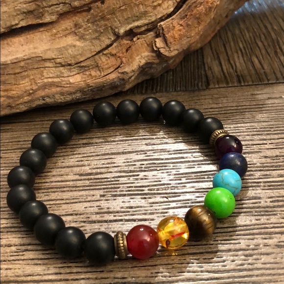 Chakra & Black Bead Rainbow Stretch Bracelet - Picture 1 of 8